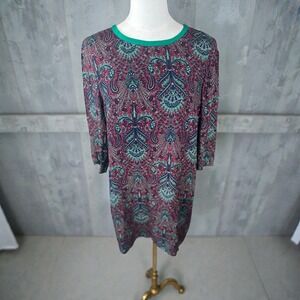 Sandro Paris Paisley Print Silk Shift Dress Burgundy Teal Back Bow Detail Size 2